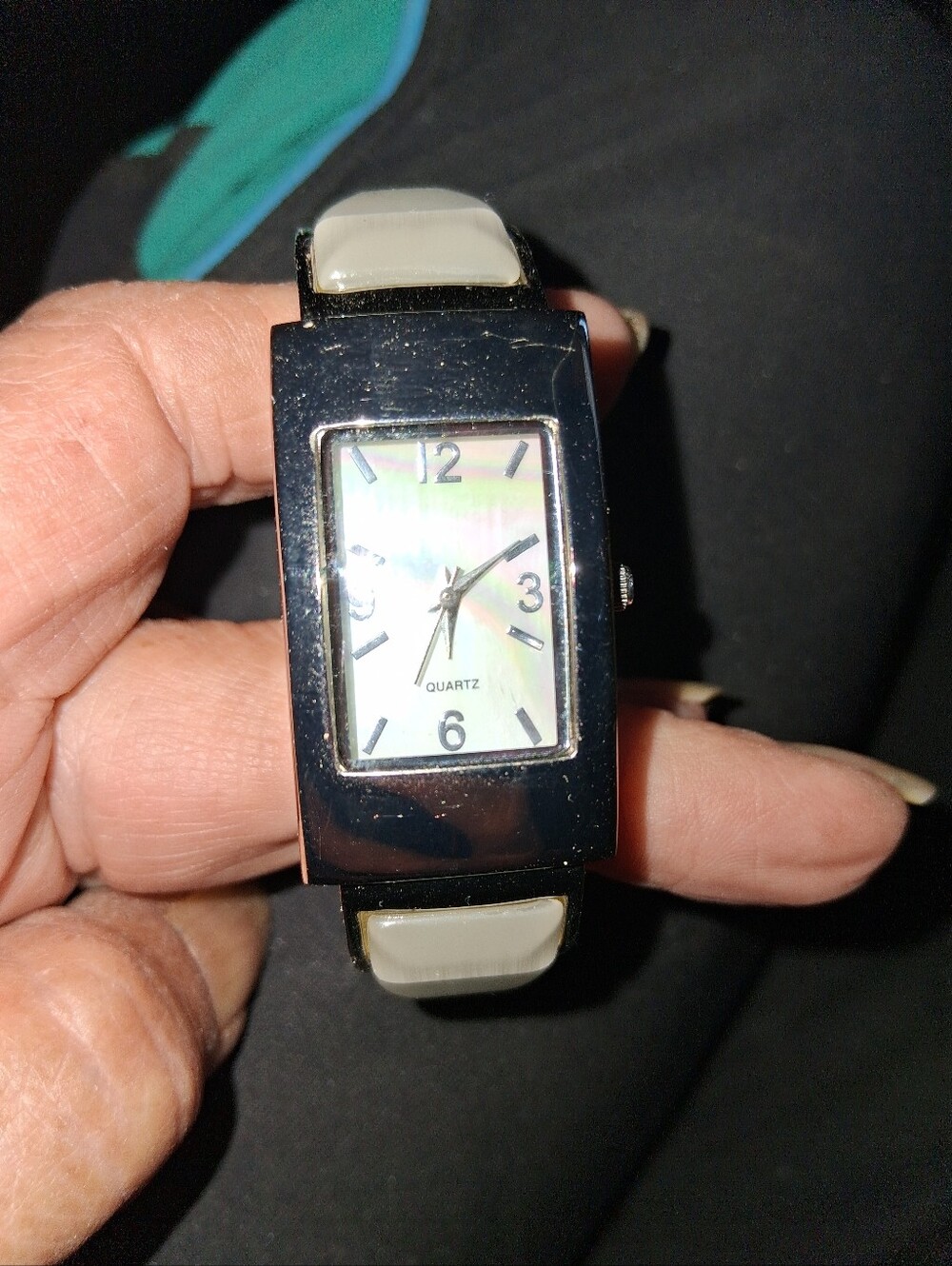 Quartz Rectangular Silver-Tone Watch with Cream Colord Stones, Bangle Style